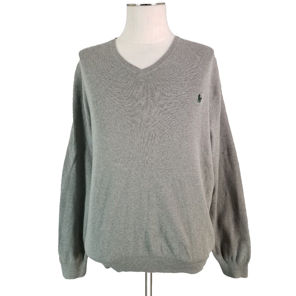 Polo Ralph Lauren Sweater Men XL Gray Pima Cotton V-Neck Pullover Preppy Classic